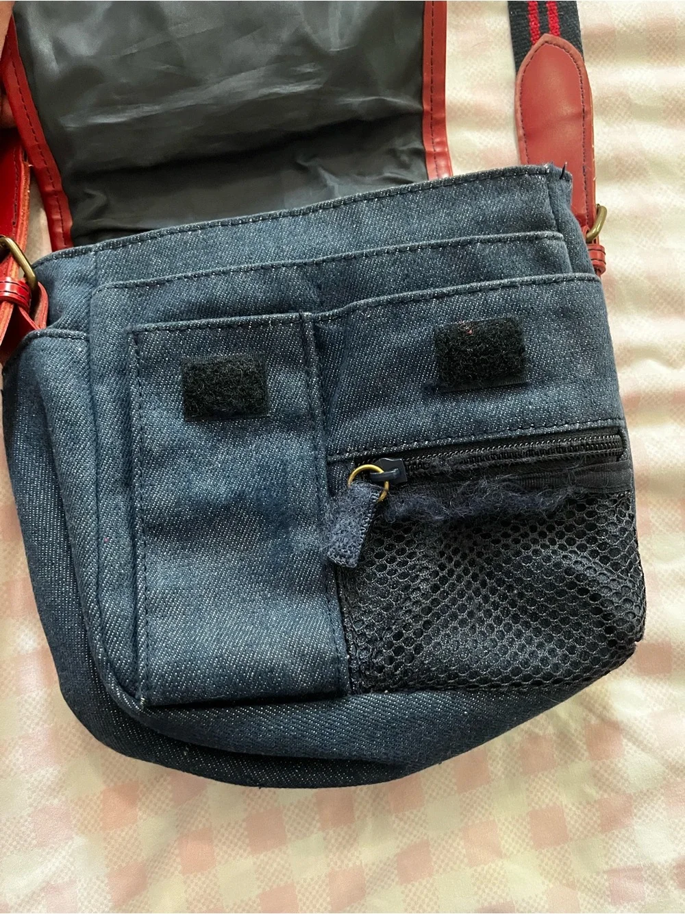 Navy Denim and Red Crossbody Bag